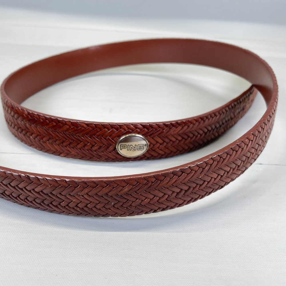 PING Brown Italian Leather Basketweave Belt Mens Size 38 Western Buckle - Picture 2 of 11